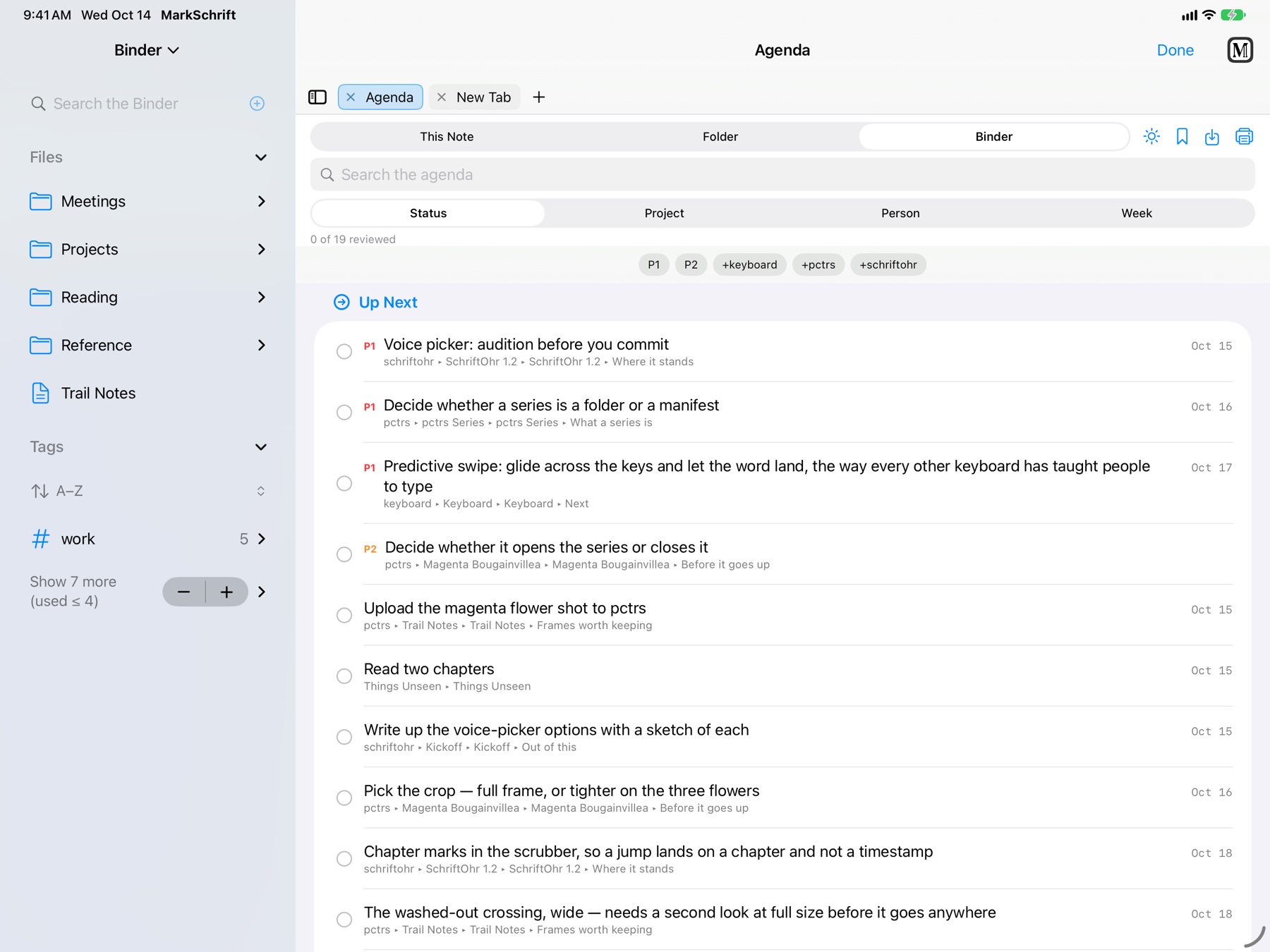 The Agenda on iPad, tasks by status with due dates and projects