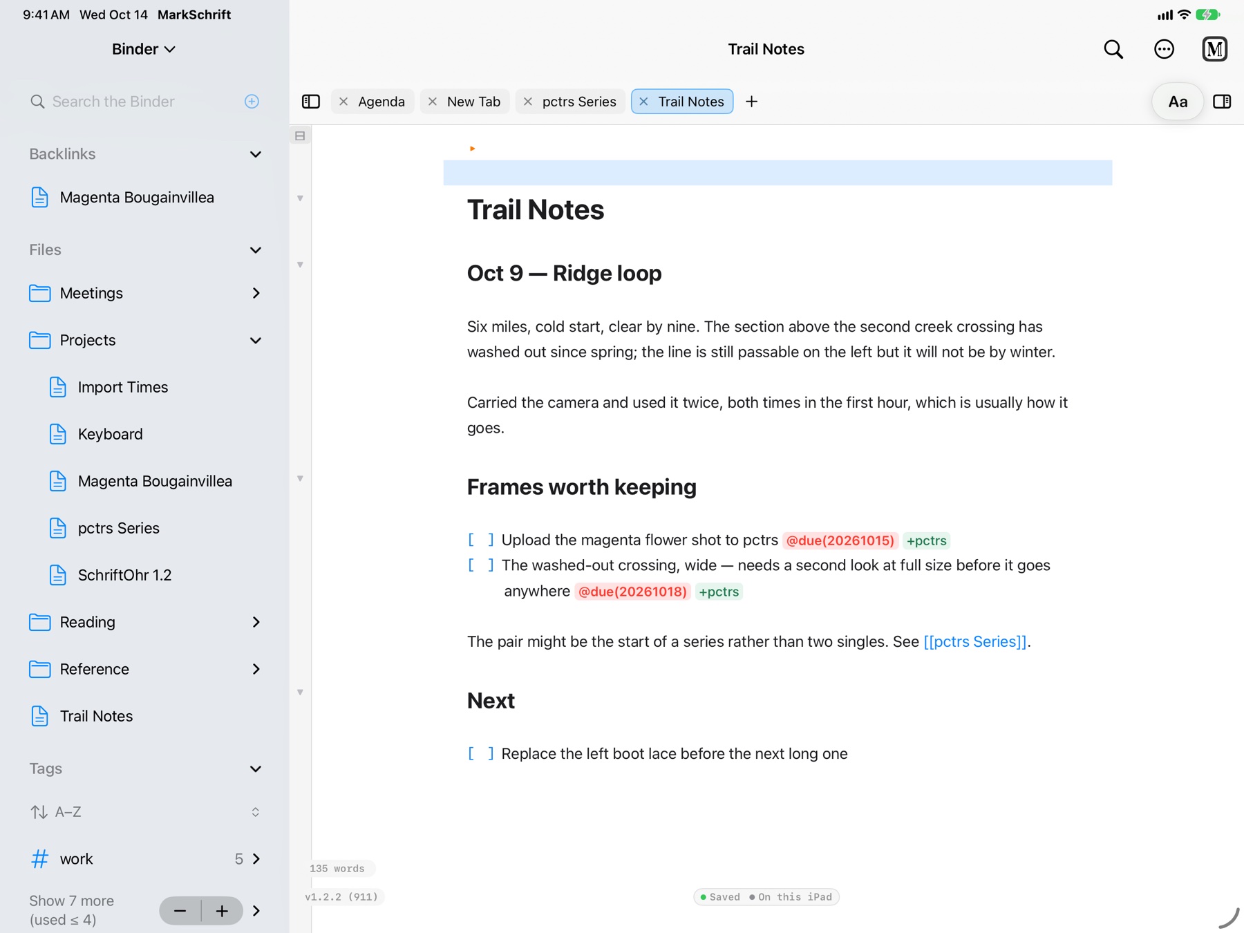 A note with tasks and a wiki link on iPad