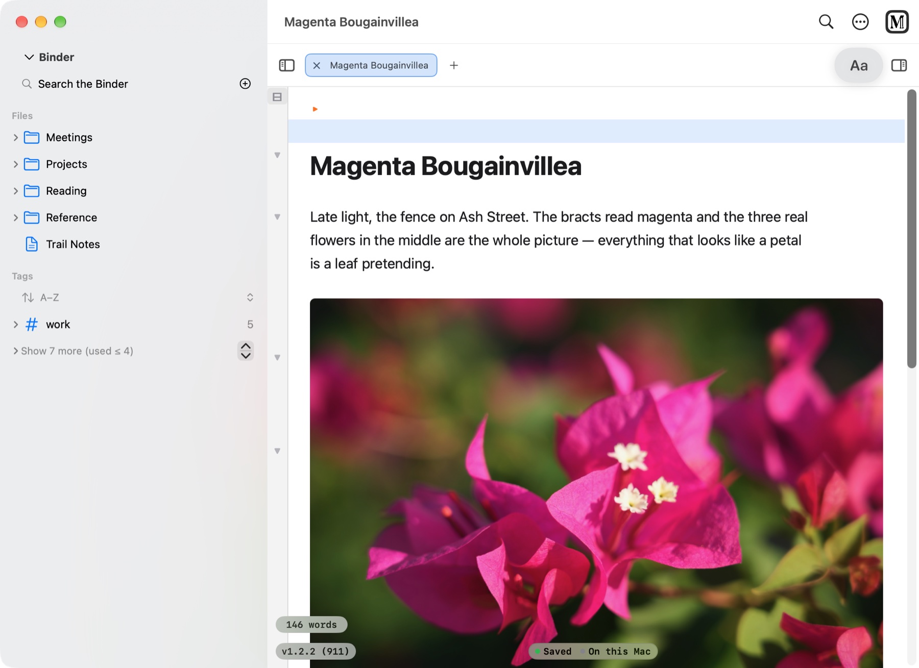 MarkSchrift on a Mac: the Binder beside a note with a photograph, the same layout as on iPad